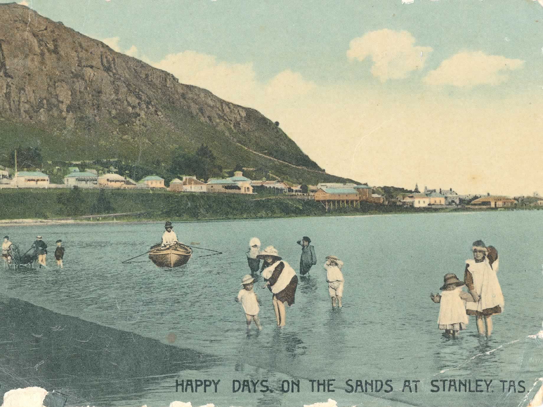 Source: Meg Eldridge Postcard picture of families enjoying the water of Sawyer Bay, c1910