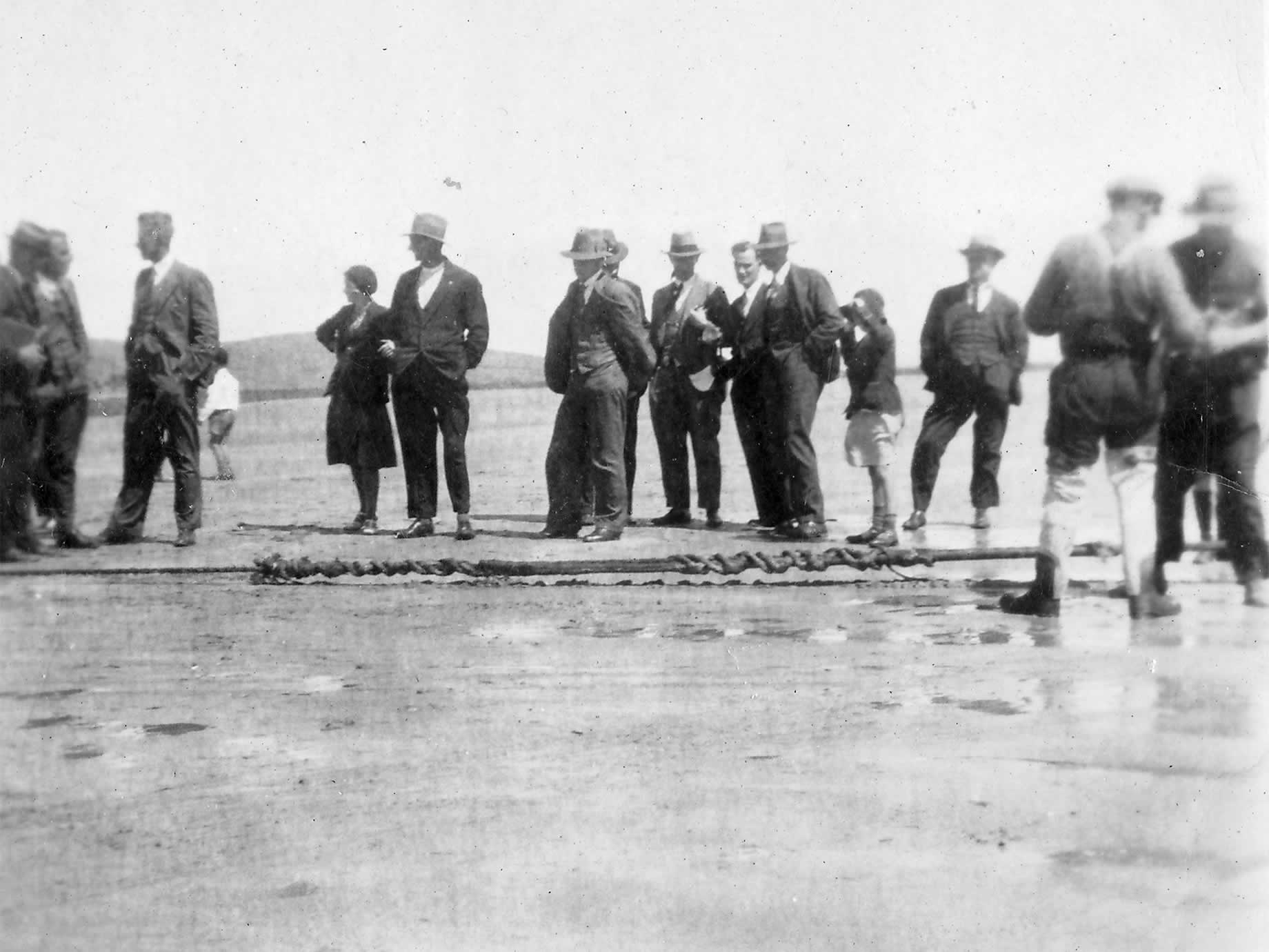 Source: Meg Eldridge The original telecommunications cable which provided the first connections to Tasmania from the mainland of Australia in 1936, with a young Meg in the crowd